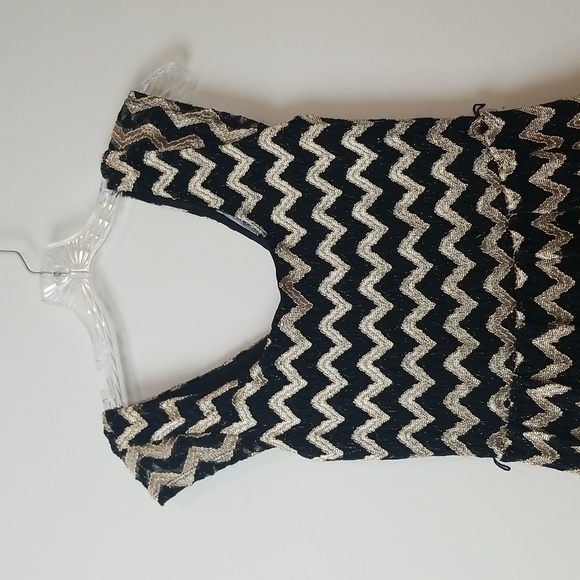 Vtg CANDIE'S Black Tie Black Gold Chevron Capped Sleeve Cocktail Dress - Picture 4 of 11